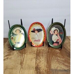 Vintage 1973 Coca Cola Mini Tin Metal Trays Oval With Ladies Lot Of 3 Decor